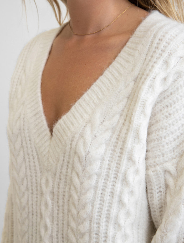 Sweater Mujer V Neck Cable Ivory – Preppy Beach