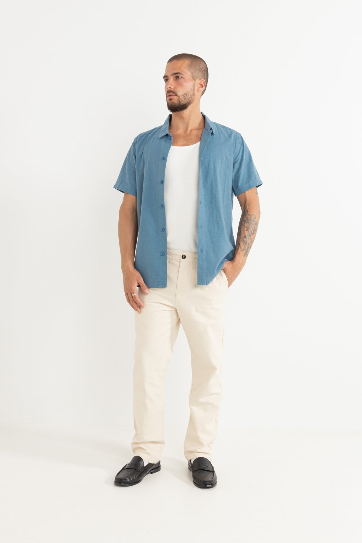 Camisa Hombre Classic Linen SS - Mineral Blue