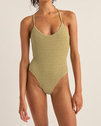 Traje de Baño Cove Stripe Cross Back One Piece- Olive