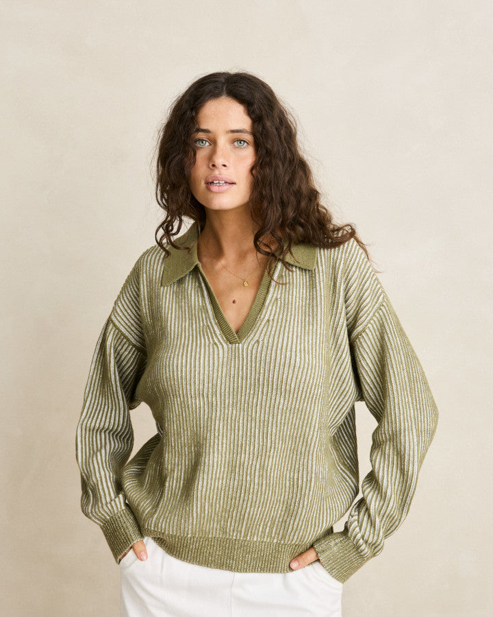 Sweater Mujer Vista Stripe Collared Jumper - Olive