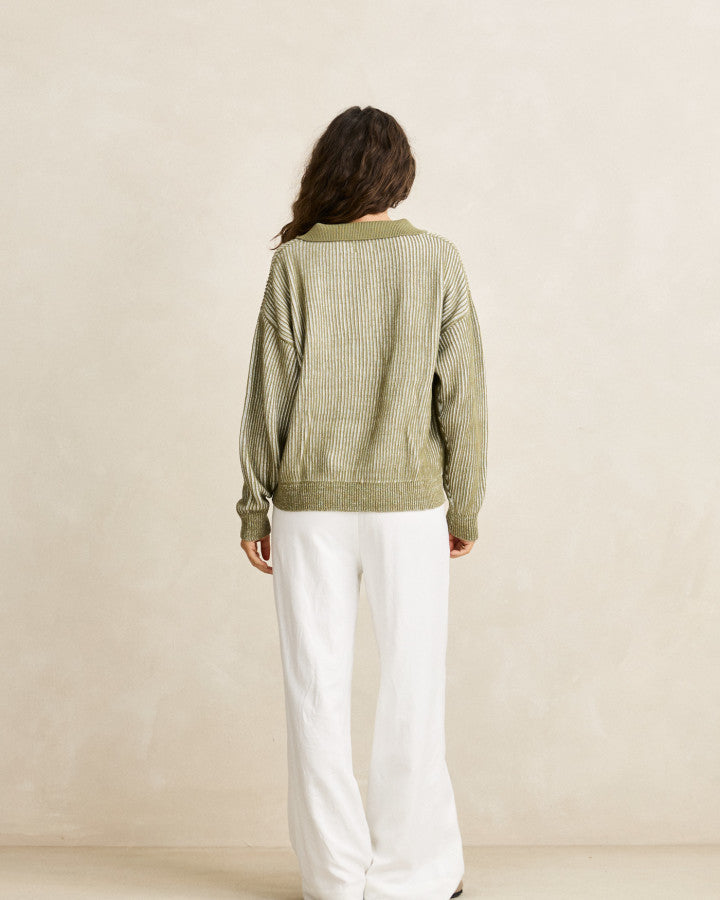 Sweater Mujer Vista Stripe Collared Jumper - Olive