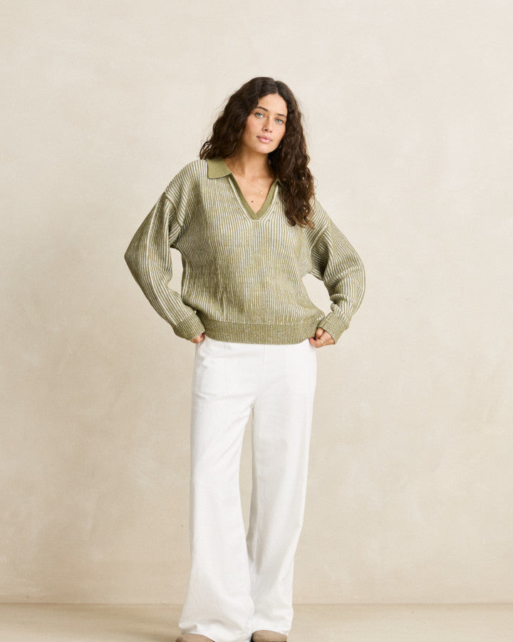 Sweater Mujer Vista Stripe Collared Jumper - Olive