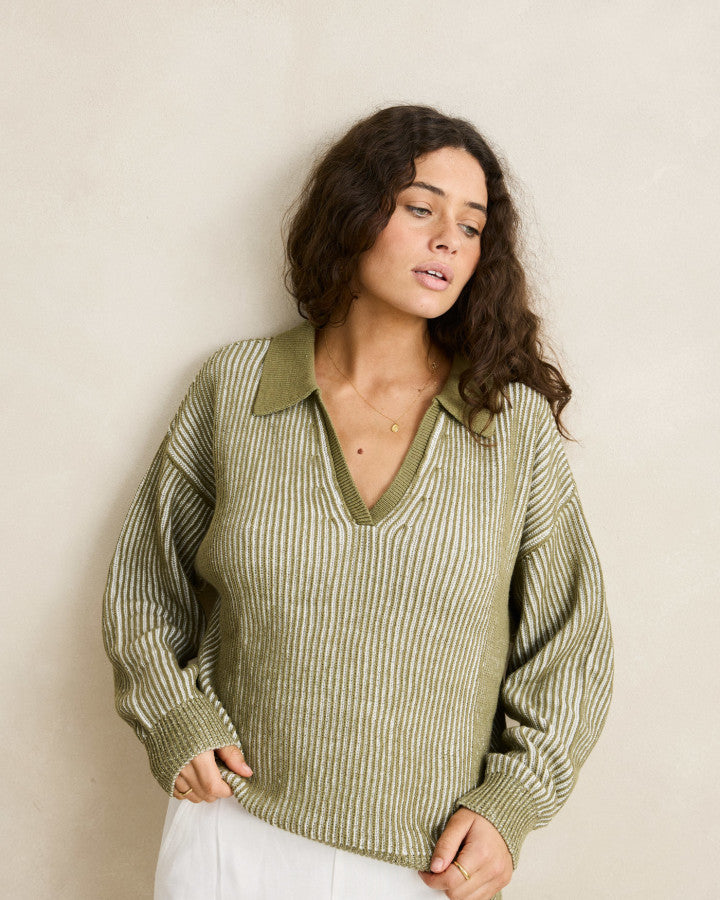 Sweater Mujer Vista Stripe Collared Jumper - Olive