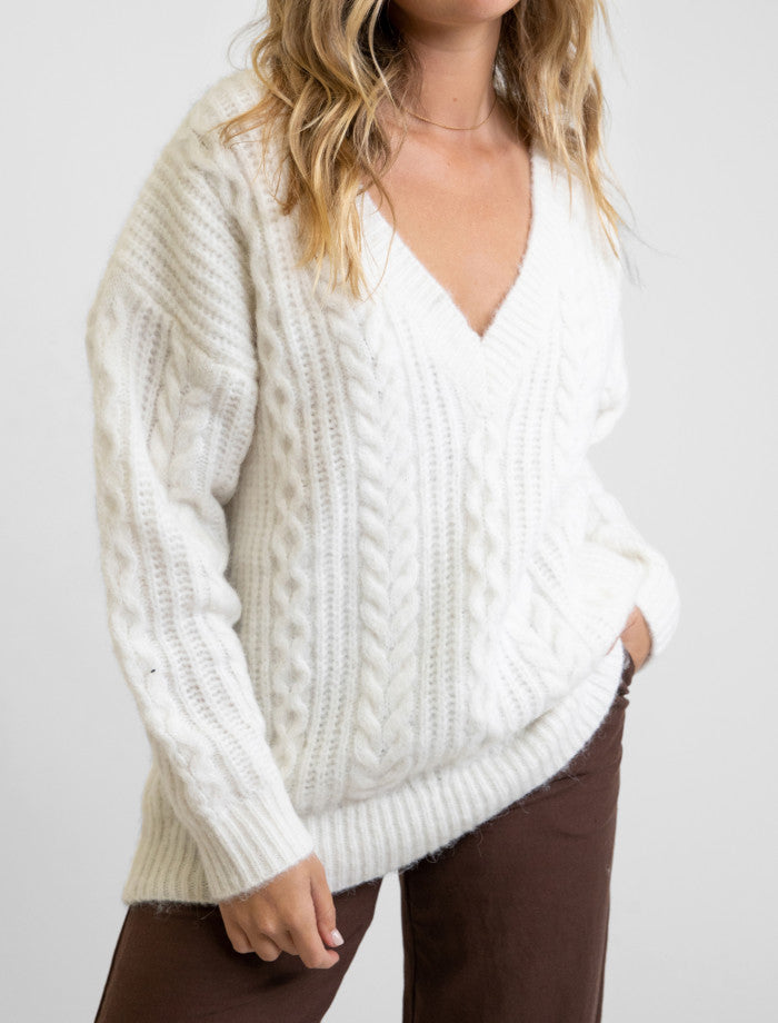 Sweater Mujer V Neck Cable Ivory