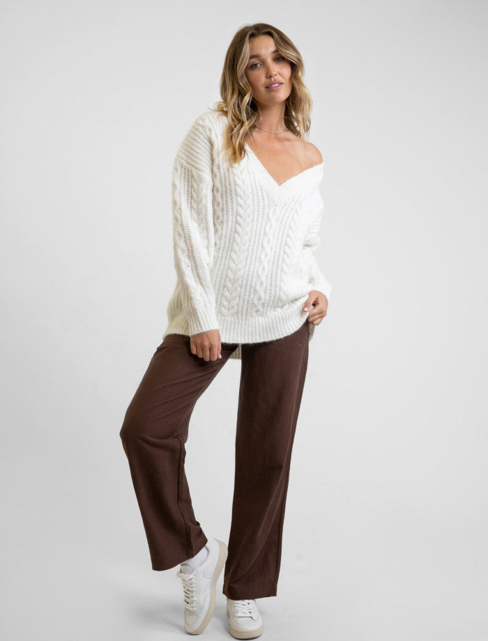 Sweater Mujer V Neck Cable Ivory